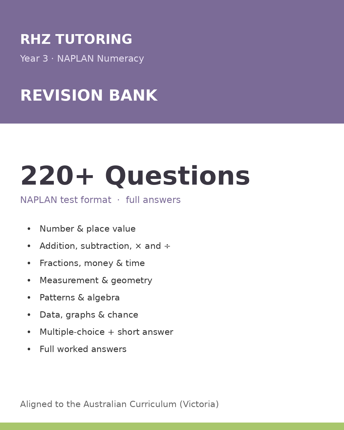 Year 3 NAPLAN Numeracy Revision Bank β 200+ Questions (with Answers)