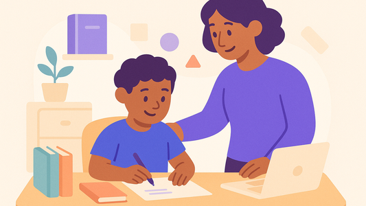 Parent and child working together on homework with organizational tools