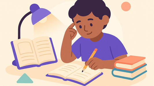 Student writing an essay at a desk with a tutor explaining literary analysis concepts