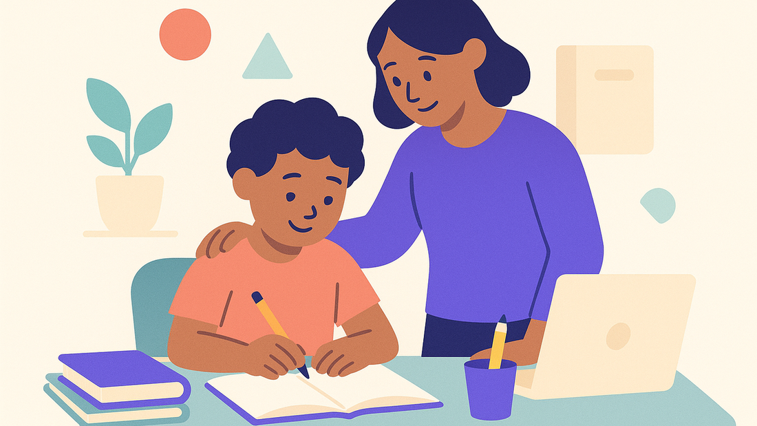 Student looking at homework with concerned expression while parent sits nearby