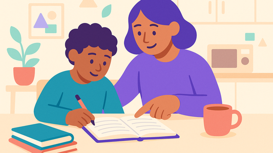 Parent and child working together at kitchen table with two languages visible