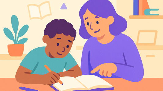 Parent and student working together on essay structure at kitchen table
