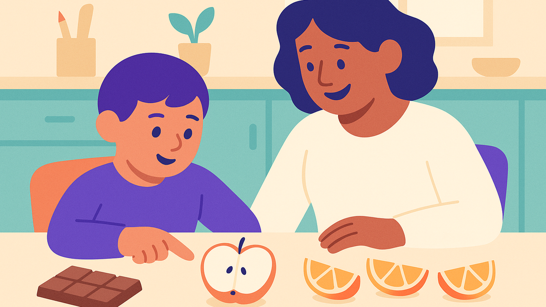 Parent and child working through fraction problems at kitchen table