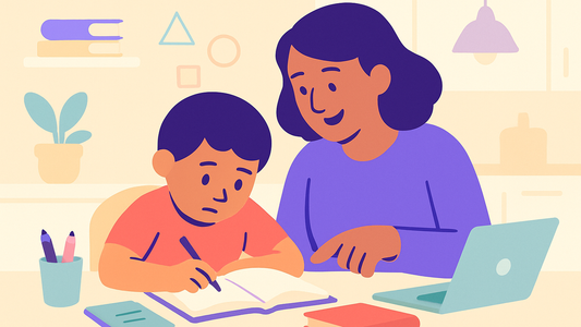 Parent helping frustrated child with homework at kitchen table