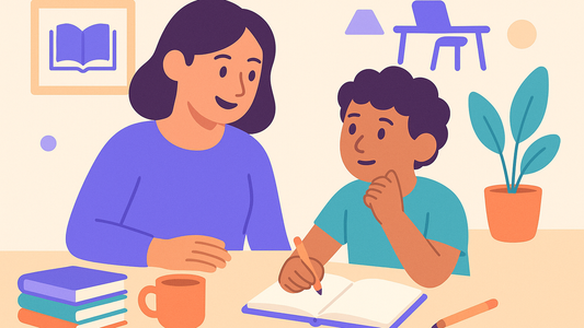 Parent helping child study for ICAS assessment test