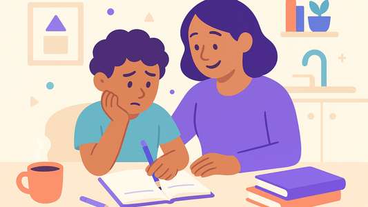 Stressed teenager studying at desk, looking overwhelmed during exam prep