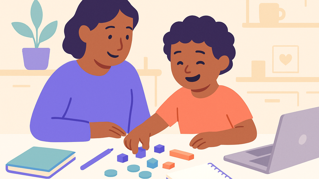 Parent sitting with child doing math homework, both looking relaxed and focused