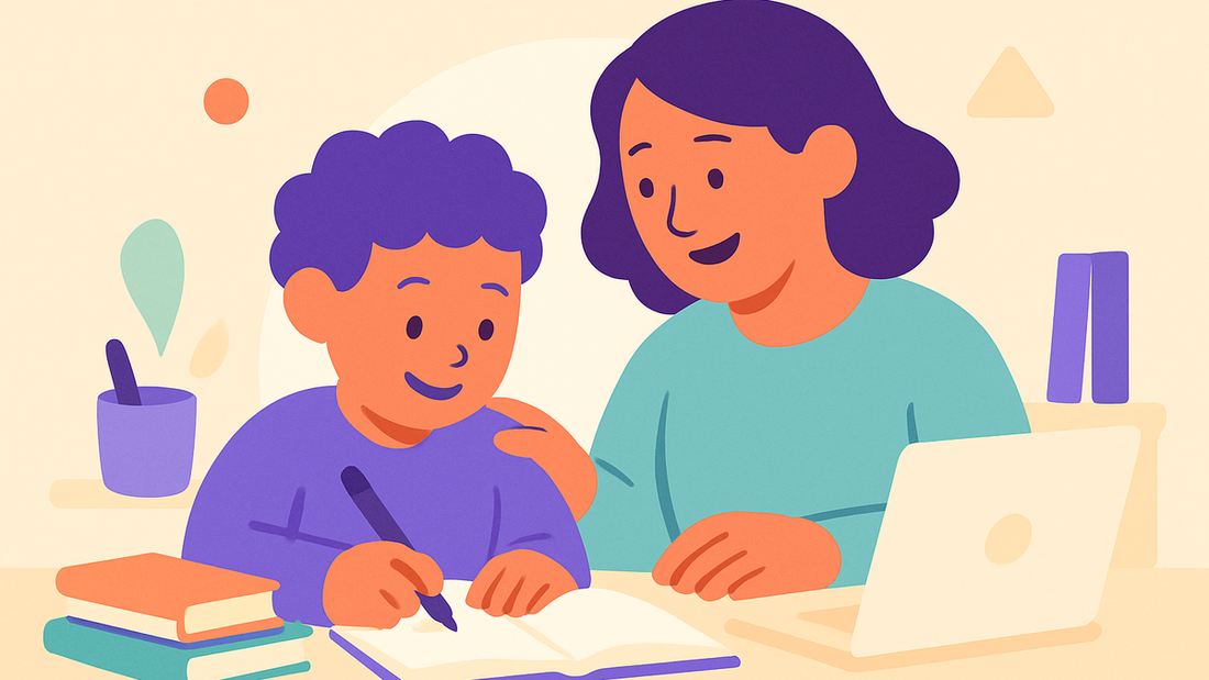 Parent and child working together at table with open books
