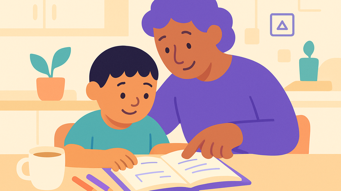 Parent and child working through math problems together at home