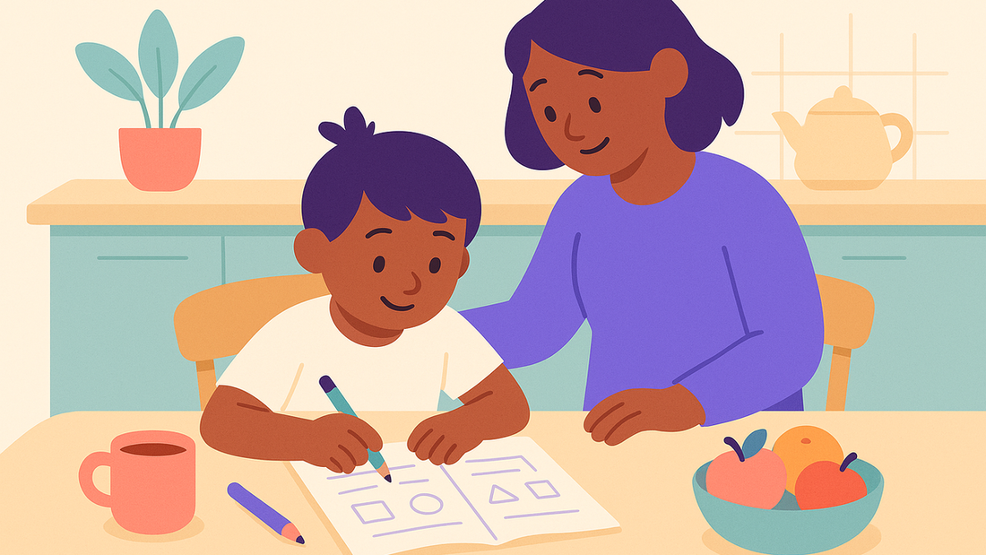 Parent and student studying together calmly at kitchen table