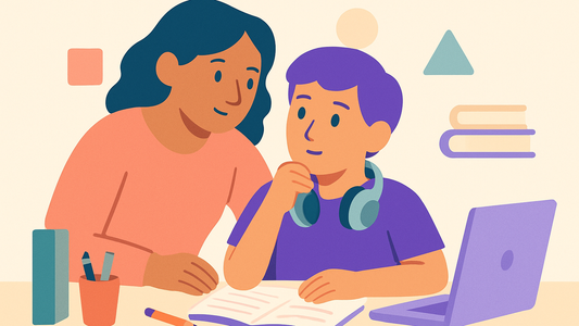 Parent helping child decide between online tutoring on laptop and in-person tutoring at table