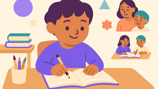 Child at desk with books showing growth through primary school years