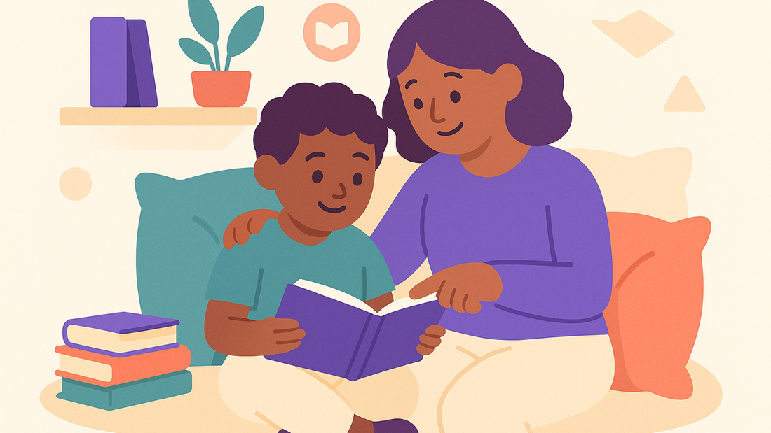 Child reading a book with focused expression at home