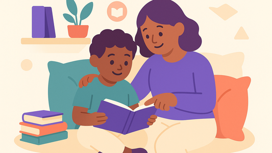 Child reading a book with focused expression at home