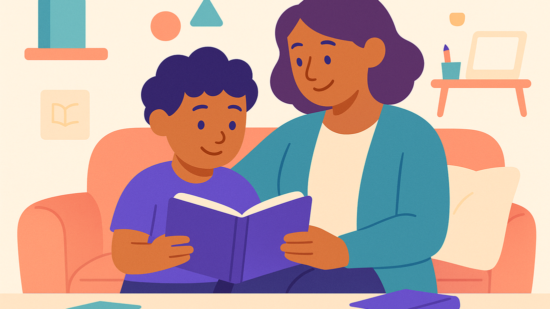 Parent and child reading together on a couch at home