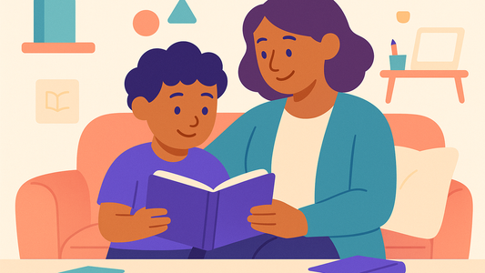 Parent and child reading together on a couch at home
