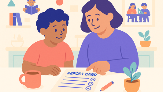 Parent reviewing child's school report card at kitchen table