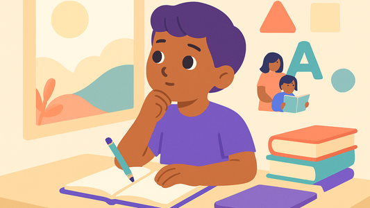 Child studying with tablet and books on desk