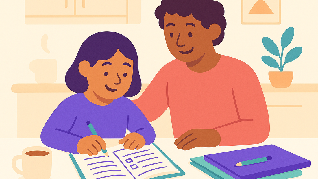 Parent and student reviewing Victoria scholarship exam preparation materials at desk