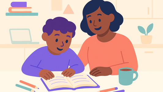 Parent helping frustrated child with homework at kitchen table
