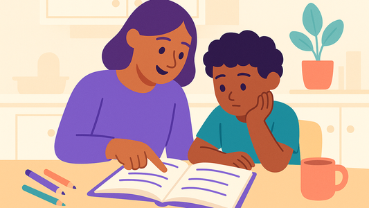 Parent and frustrated student struggling with homework at kitchen table