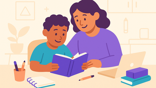 Parent and child reading together with encouragement