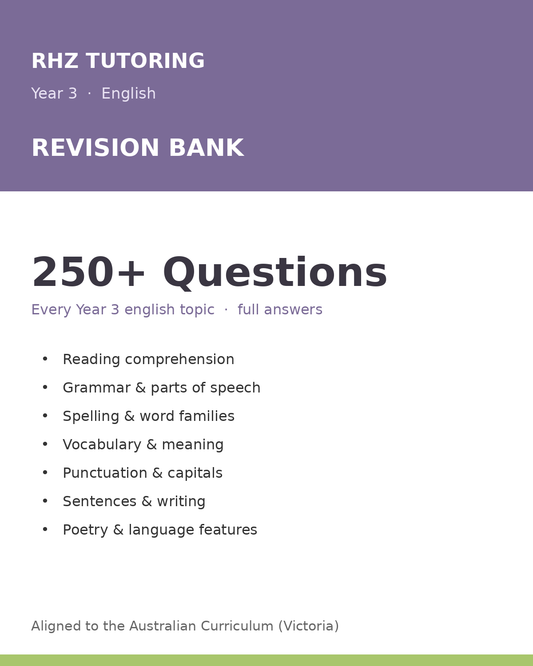 Year 3 English Revision Bank — 200+ Questions (with Answers)