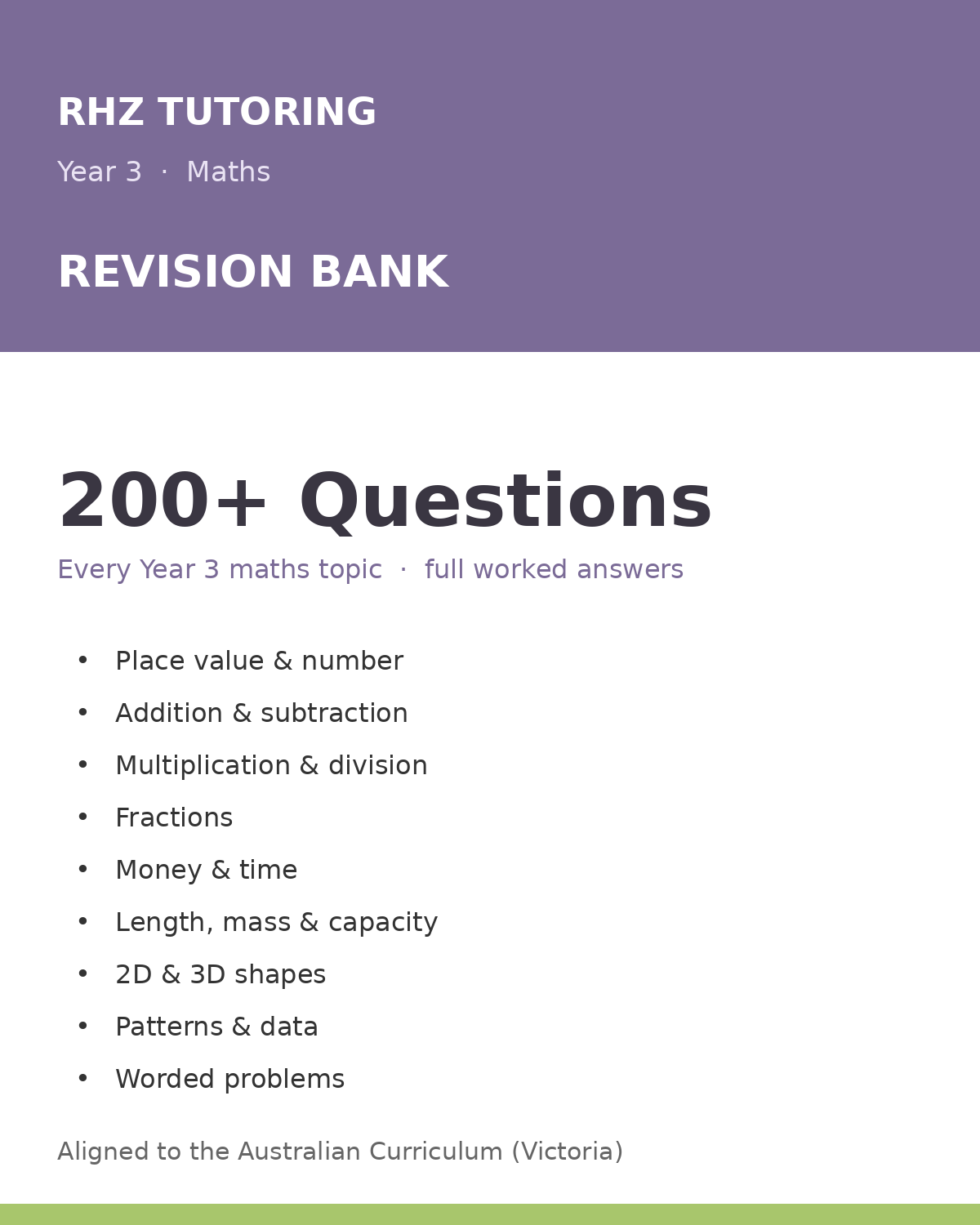 Year 3 Maths Revision Bank — 200+ Questions (with Worked Answers)