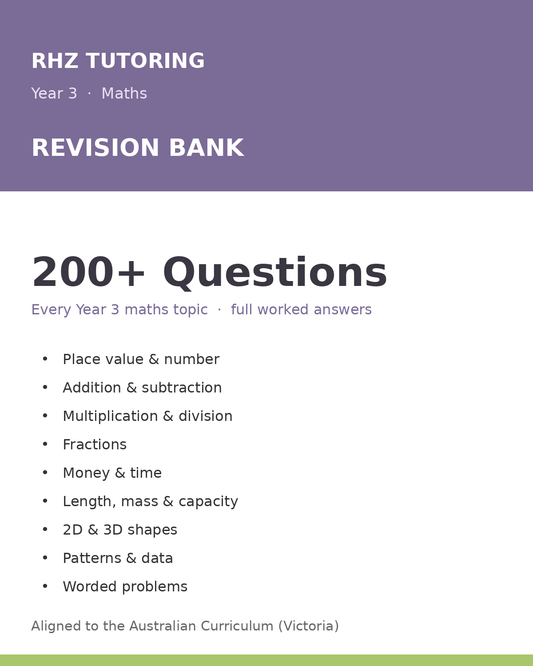 Year 3 Maths Revision Bank — 200+ Questions (with Worked Answers)