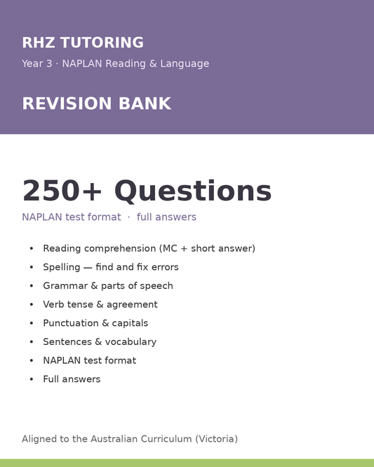 Year 3 NAPLAN Reading & Language Revision Bank — 200+ Questions (with Answers)