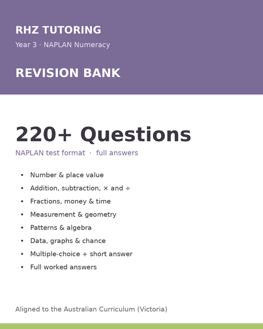 Year 3 NAPLAN Numeracy Revision Bank — 200+ Questions (with Answers)