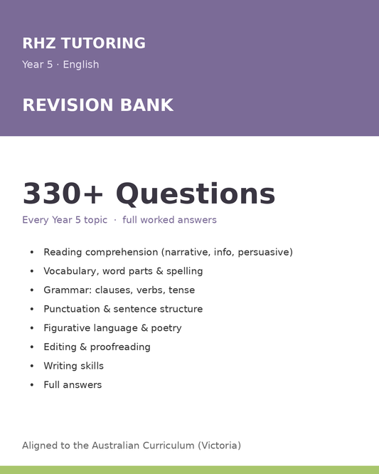 Year 5 English Revision Bank — 200+ Questions (with Answers)