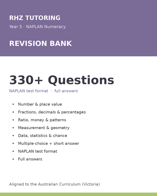 Year 5 NAPLAN Numeracy Revision Bank — 200+ Questions (with Answers)