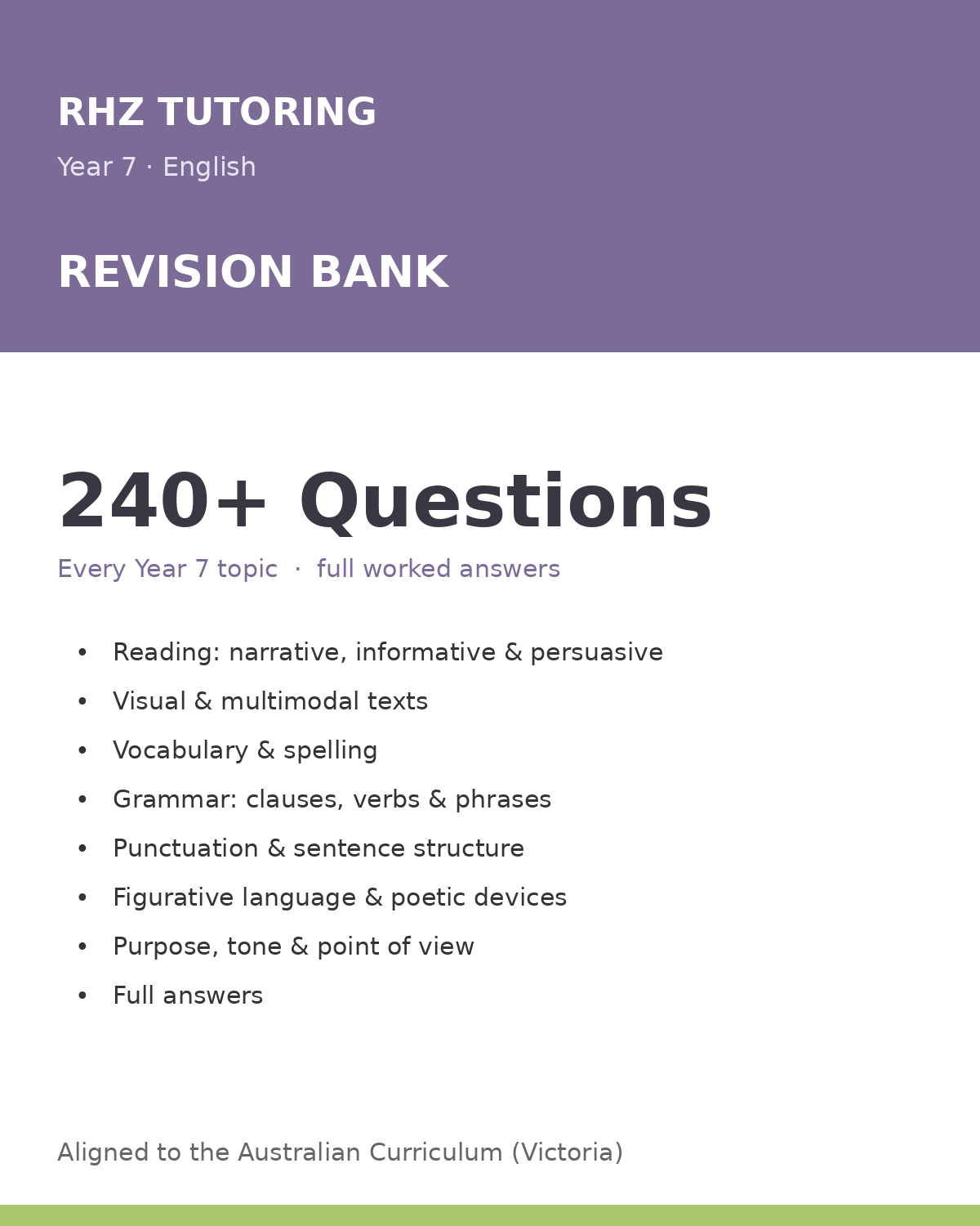 Year 7 English Revision Bank — 200+ Questions (with Answers)