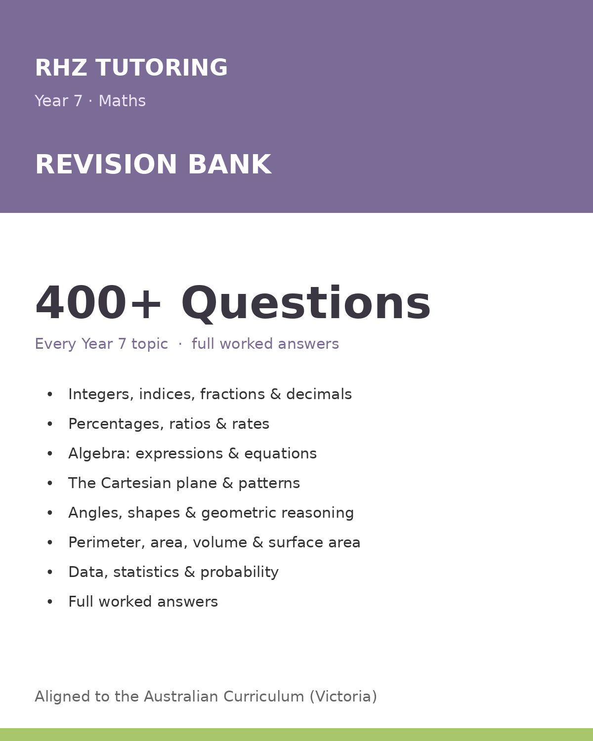 Year 7 Maths Revision Bank — 200+ Questions (with Answers)
