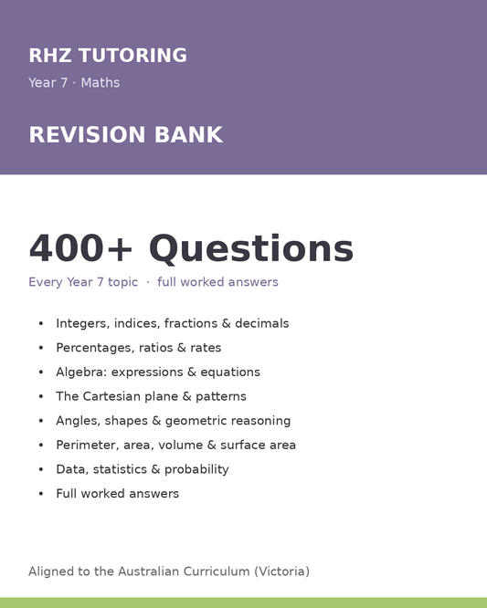 Year 7 Maths Revision Bank — 200+ Questions (with Answers)