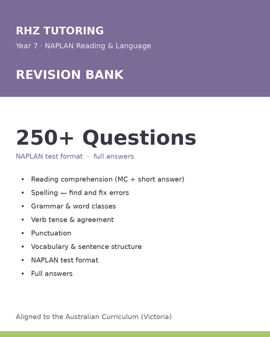 Year 7 NAPLAN Reading & Language Revision Bank — 200+ Questions (with Answers)