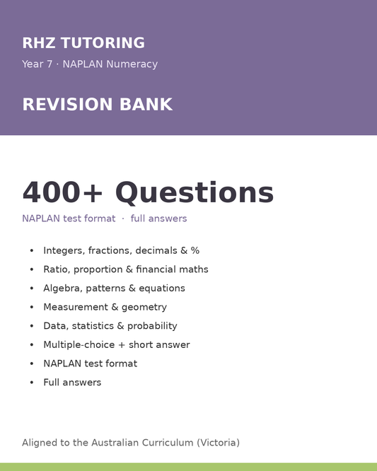 Year 7 NAPLAN Numeracy Revision Bank — 200+ Questions (with Answers)