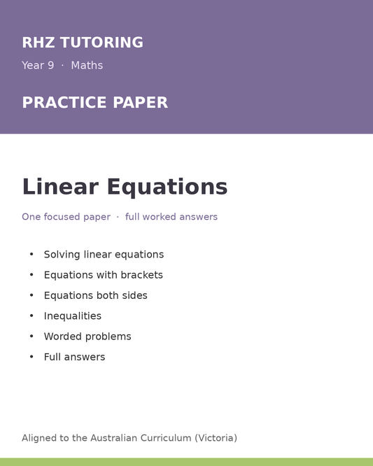 Year 9 Maths Linear Equations Practice Paper (with Answers)