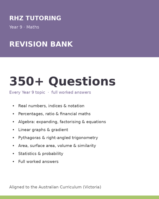 Year 9 Maths Revision Bank — 200+ Questions (with Answers)