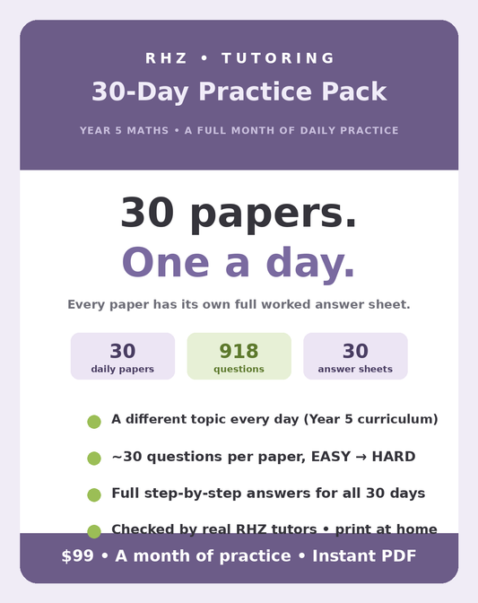 Year 5 Maths 30-Day Practice Pack cover — 30 papers, 918 questions