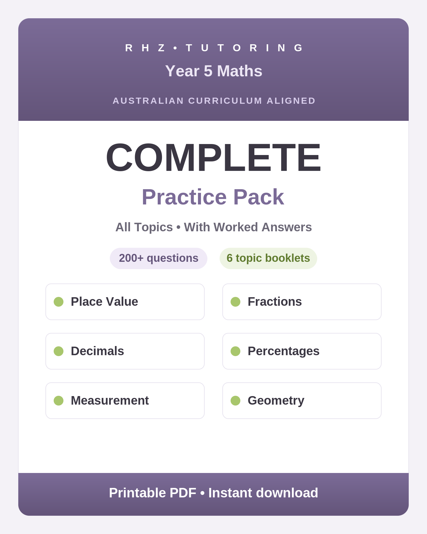 Year 5 Maths Complete Practice Pack — all topics with worked answers, RHZ Tutoring